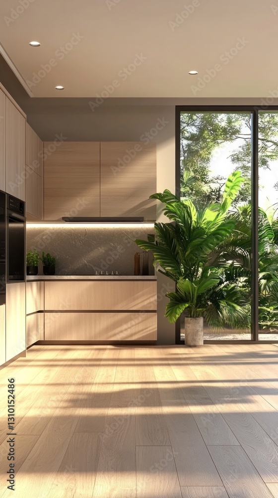 Poster sunlight streams through large windows, illuminating a modern kitchen with sleek wood cabinets. lush