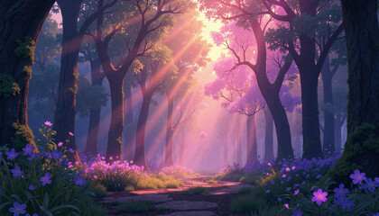 Mystical light beams illuminating enchanted forest, magic and mystery