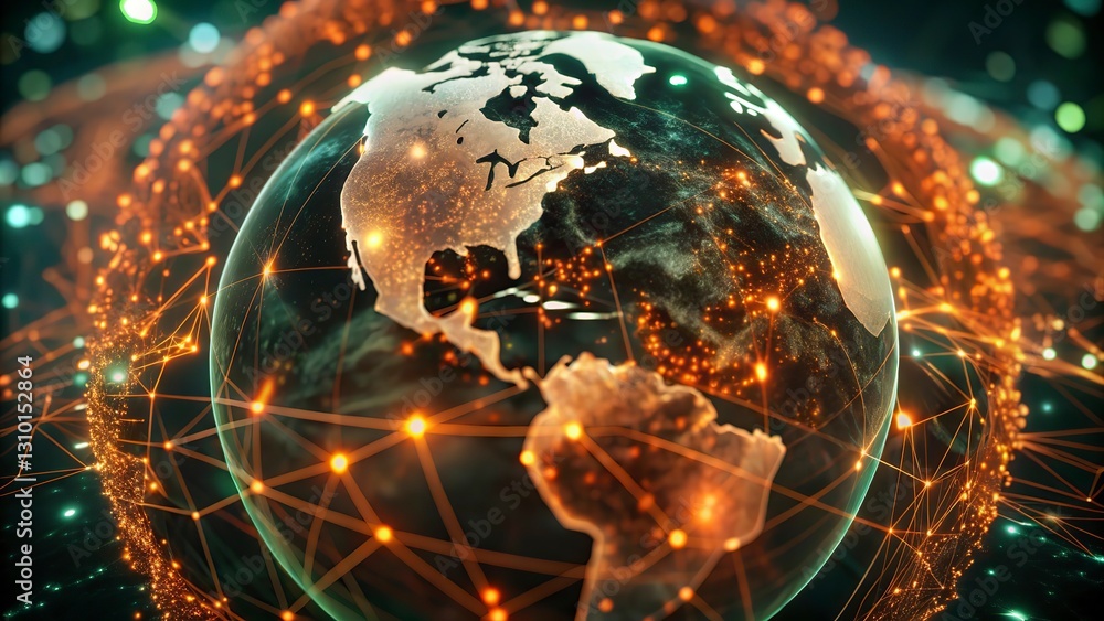 Poster digital world map and global network connections, representing the concept of international business