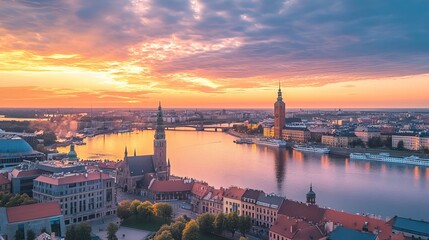 Naklejka premium Beautiful sunset view of Riga's skyline, the Daugava River, and the old town.