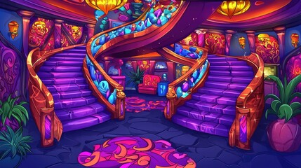 Luxurious spiral staircase in vibrant interior, use in advertising for luxury resorts or hotels