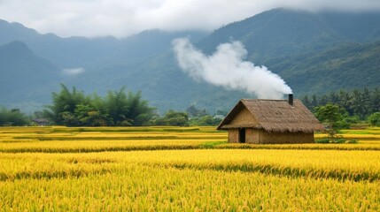 Rural home in golden rice paddy fields