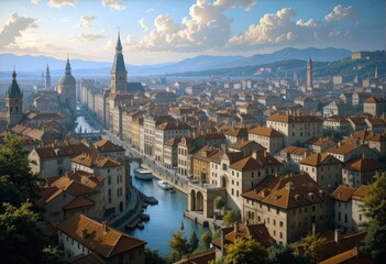 Naklejka premium Charming riverside town with stunning architecture under a serene sky at dusk