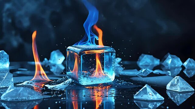 Burning ice cubes with blue flames in a dramatic contrast of fire and ice
