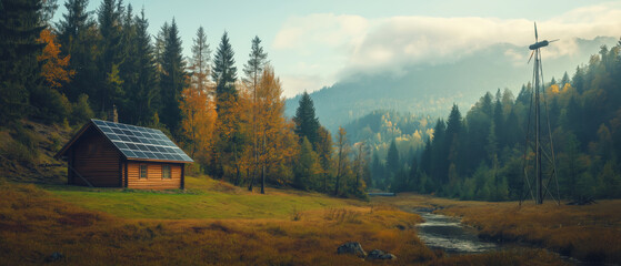 Exploring nature's beauty solar cabin in scenic forest landscape
