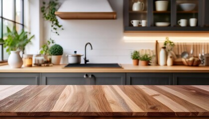 Minimalist Scandinavian Kitchen Tableau Empty Wooden Table Against a Soft Blurred Backdrop, Radiating Cleanliness and Serenity in a Stylish Nordic Atmosphere.
