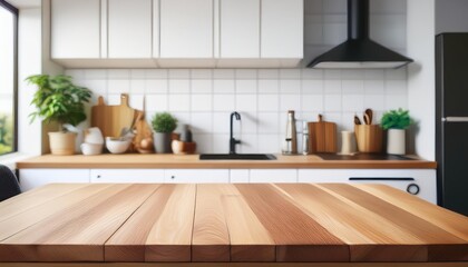 Minimalist Scandinavian Kitchen Ambience Elegant Wooden Tabletop in Soft Focus Against a Blurred Backdrop, Perfect for Advertising Modern Home Decor or Design Inspiration.
