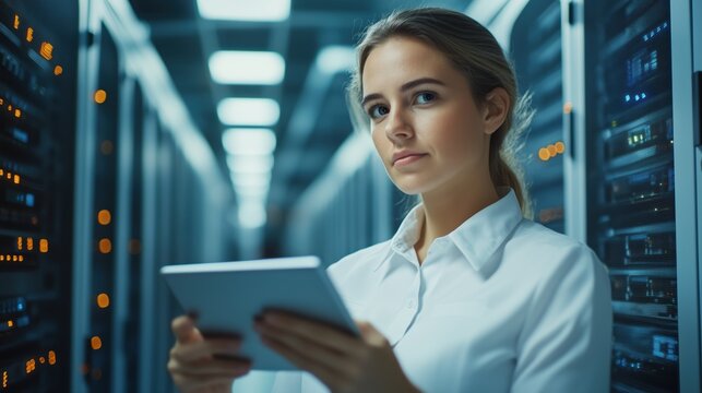 Woman analyzing data in a server room technology environment close-up