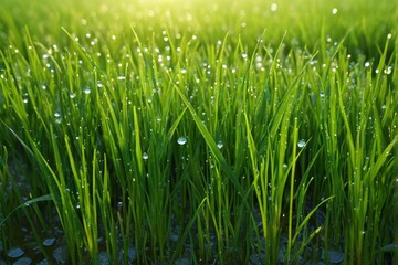 a close up of a field of grass with water droplets