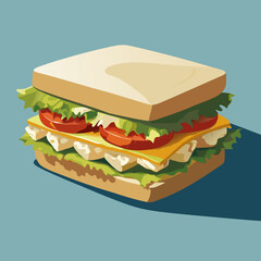 Freshly made sandwich with layers of lettuce, tomato, and cheese. Background features a soft blue color, enhancing the appetizing look