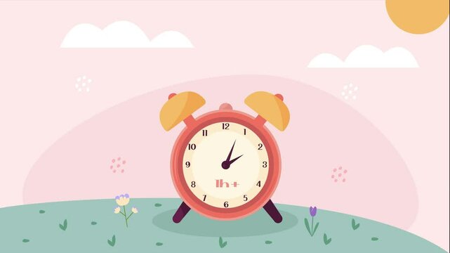 Spring forward. Daylight saving time. Alarm clock going one hour forward. Spring landscape. Animated video.