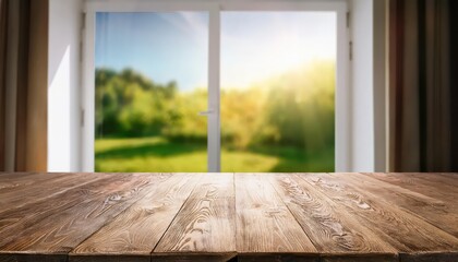 Tranquil Blurred Garden View Through a SunKissed Window Frame Wooden Tableau in a Sunlit, Lush Landscape, Radiating Serene Elegance and Natural Beauty.