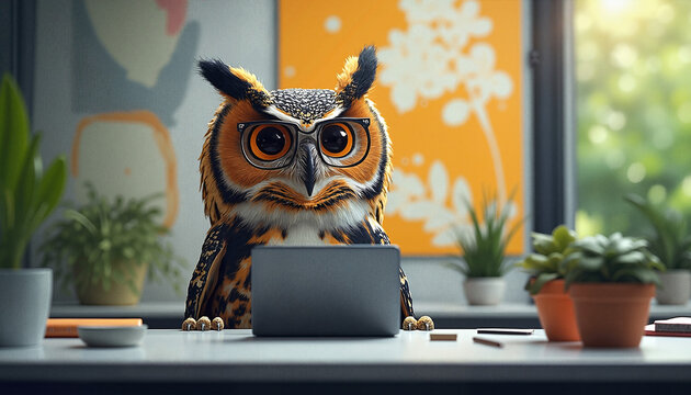 Professional Owl with Studious Expression Working on Laptop in Modern Office Setting