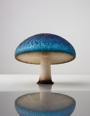 A vibrant blue mushroom with a smooth, rounded cap and a white stem, placed on a plain background.