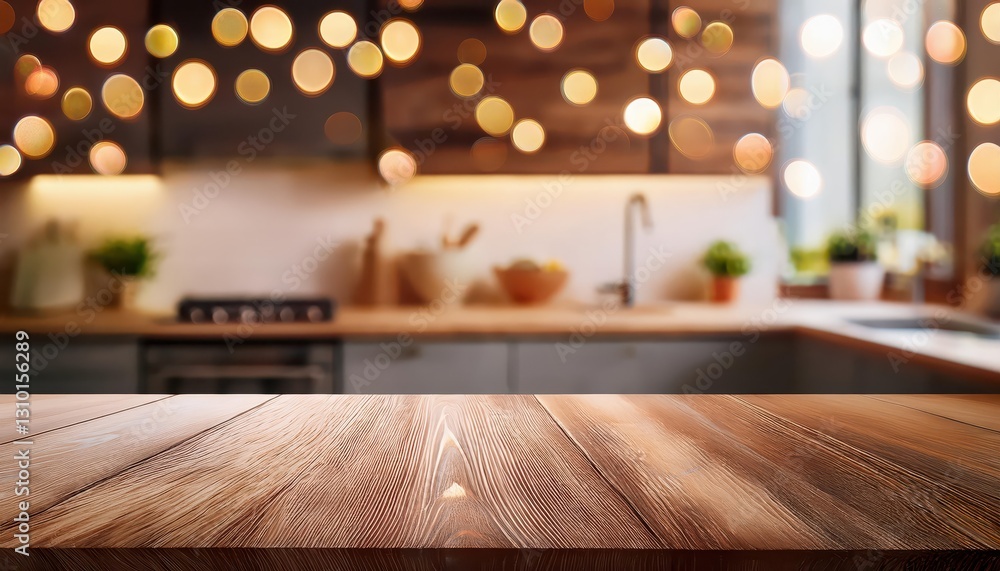 Aufkleber empty wooden table top illuminated with lights and bokeh effect against a blurred kitchen background