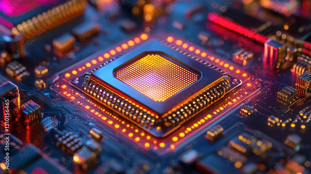 Poster close-up of a glowing cpu on a circuit board.