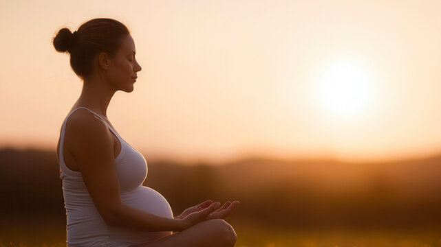 Pregnant woman practicing couple yoga meditation outdoors during sunset for relaxation and mindfulness