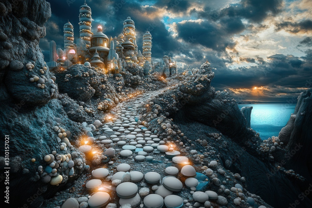 Aufkleber surreal landscape of pill structures under dreamlike lighting with intricate details resembling a fa