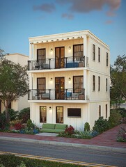 Obraz premium Modern townhome facade, twilight, curb appeal, possible use real estate advertising