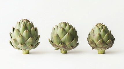 Obraz premium Three artichokes of varying sizes displayed on a clean white background in a detailed hyper-realistic style capturing their texture and form
