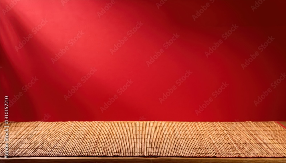 Poster vibrant red backdrop enhances simplicity and elegance an empty table adorned with a bamboo mat, set 