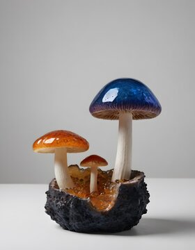 A mushroom-like sculpture with two distinct colored caps, set against a white background.