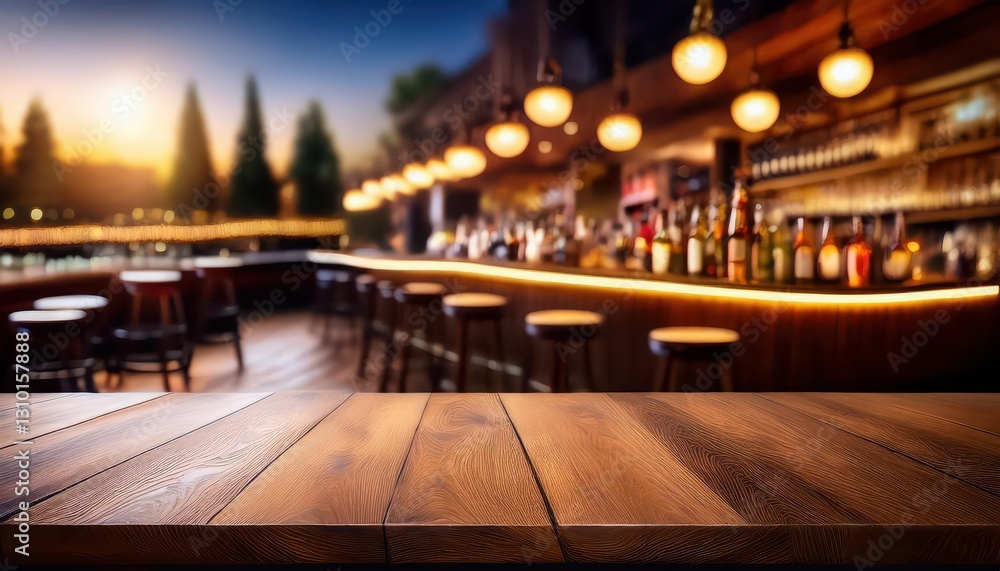 Poster rustic serenity an empty wooden table amidst the blur of a mellow bar backdrop, echoing the tranquil