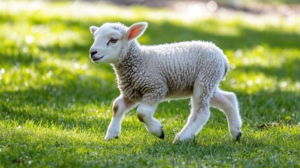 Fototapeta premium Cute lamb running in a grassy field