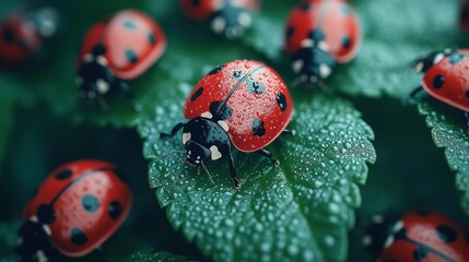 Ladybugs on dewy leaves