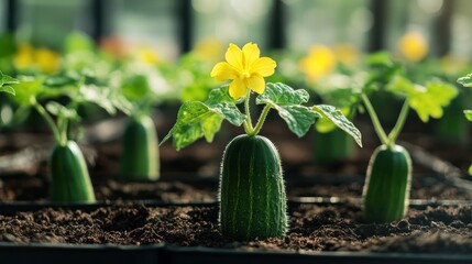 Young cucumber plant with yellow flower in greenhouse.