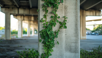 A close-up view of a neglected concrete column shows vibrant green vines climbing its surface. The setting reflects an abandoned urban area, illuminated by natural light