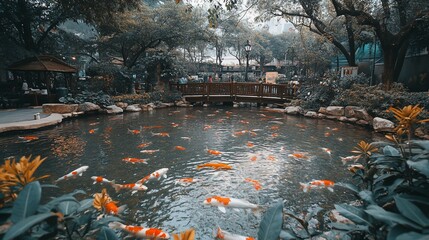 Serene koi pond, bridge, lush foliage