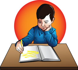 cute child drawing sitting at the table and painting