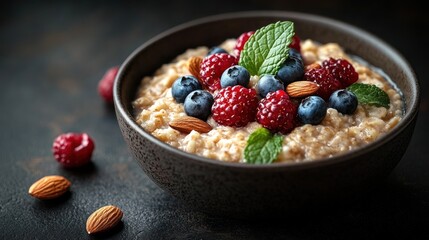 Oatmeal breakfast bowl berries almonds dark background
