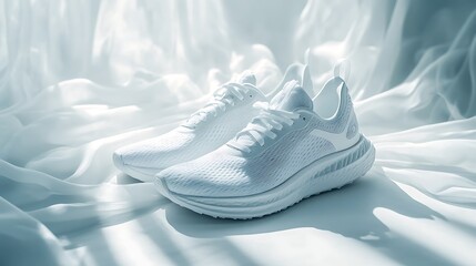 White sneakers on fabric, sunlight, studio shot, product photography