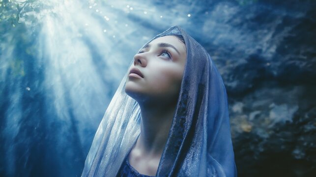 Young, beautiful Maryam. The bright light of the angel falls on Maryam's face. Maryam's gaze is directed upwards. Biblical story.