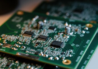 Obraz premium Close-up of a green circuit board with intricate electronic components