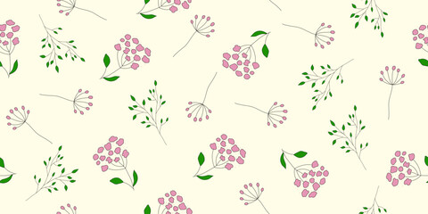 Delicate pink and green floral seamless pattern on yellow background, botanical design vector