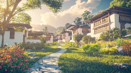 Obraz premium Serene Mountain Village Path at Sunrise