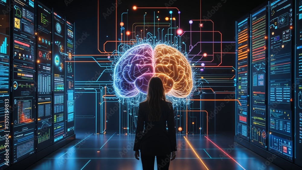 Poster innovative technology visualization with a person contemplating a digital brain representation in a 