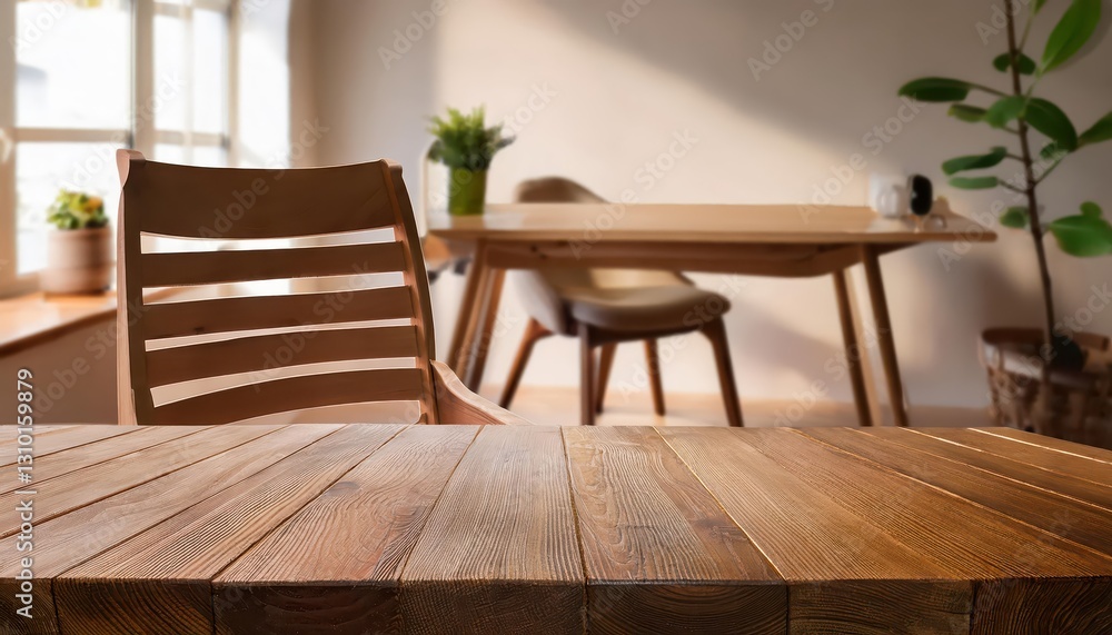 Poster empty wooden table with flexible space for product montage or mockup amidst a rustic and minimalist 