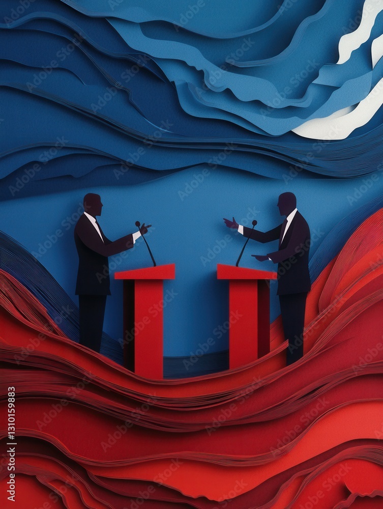Poster engaging political debate backdrop with bold paper art silhouettes in dynamic colors and abstract sh
