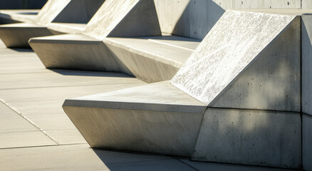 Concrete benches with unique geometric designs create an inviting space for visitors to rest and socialize in a bustling urban environment. Perfect for community events