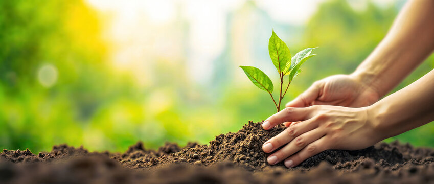 Person Planting Tree Sapling And Placing in Soil Against City Banner with Copy Space, National Arbor Day Concept - Powered by Adobe