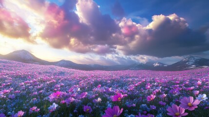 A field of cosmos flowers.

