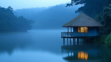 Fototapeta premium Serene lakeside hut at twilight