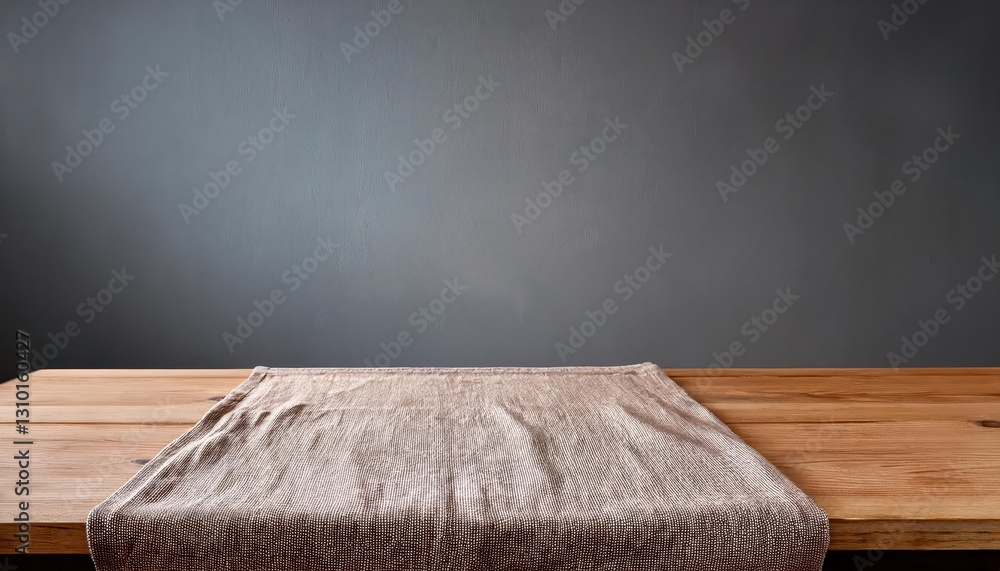 Aufkleber minimalistic scene of an empty wooden table with a modern tablecloth against a gray backdrop eleganc