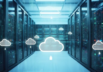 Modern data center with cloud computing icons representing digital storage