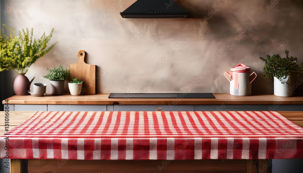 Aufkleber rustic rusticity empty wooden table in red checked tablecloth against a textured roughhewn wall with