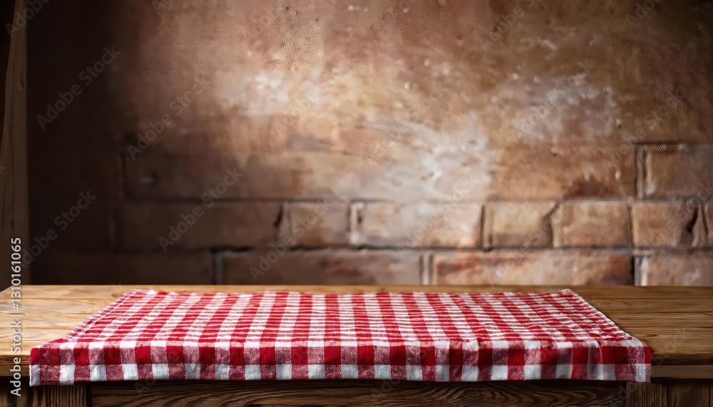 Aufkleber rustic elegance an empty table stands under a red checked tablecloth against a worn brick wall backd